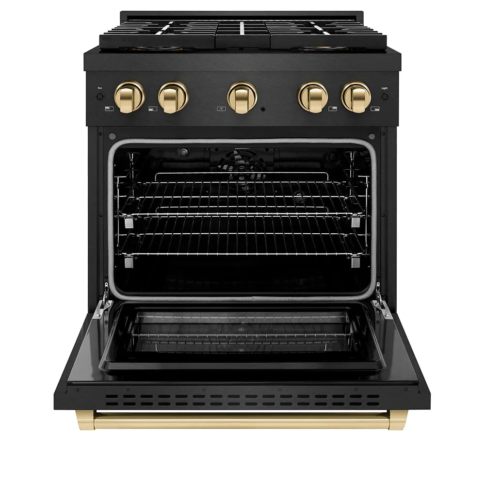 ZLINE Autograph Edition Paramount 30-inch range in black satin stainless steel and polished gold accents PSDRBSZ-30-G, front view