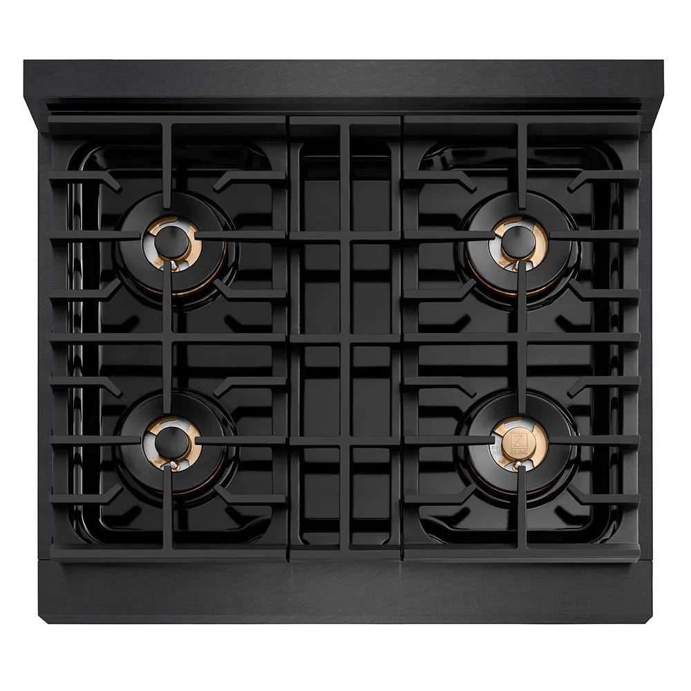 ZLINE Autograph Edition Paramount 30-inch range in black satin stainless steel and polished gold accents PSDRBSZ-30-G, from above