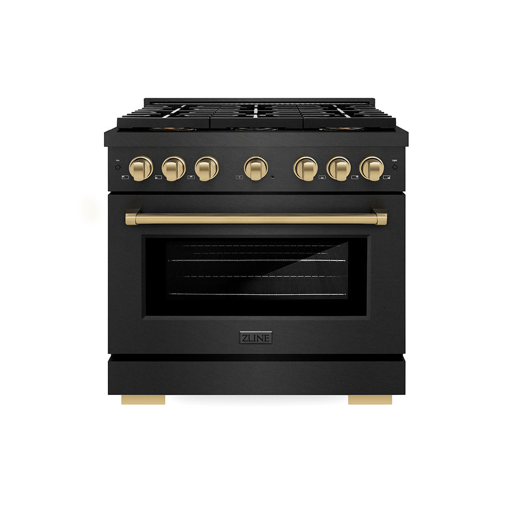 ZLINE Autograph Edition Paramount 36-inch range in black satin stainless steel and champagne bronze accents PSDRBSZ-36-CB, front view