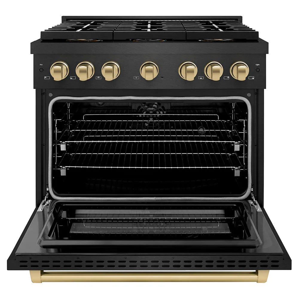 ZLINE Autograph Edition Paramount 36-inch range in black satin stainless steel and champagne bronze accents PSDRBSZ-36-CB, front view