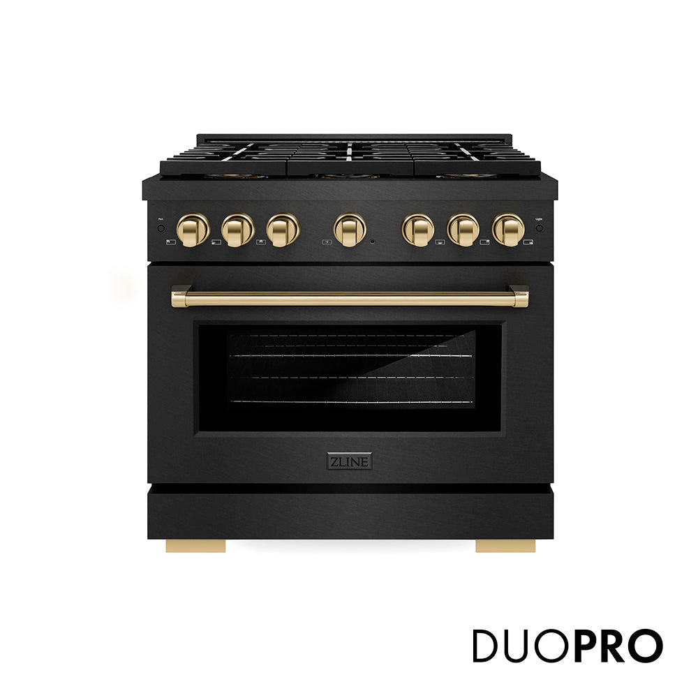 ZLINE Autograph Edition Paramount 36-inch range in black satin stainless steel and polished gold accents PSDRBSZ-36-G