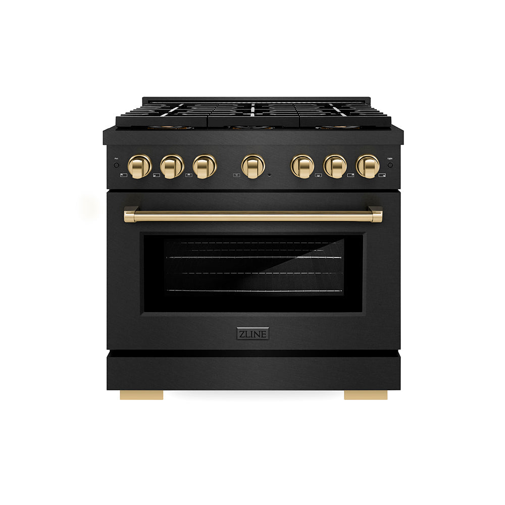ZLINE Autograph Edition Paramount 36-inch range in black satin stainless steel and polished gold accents PSDRBSZ-36-G, front view