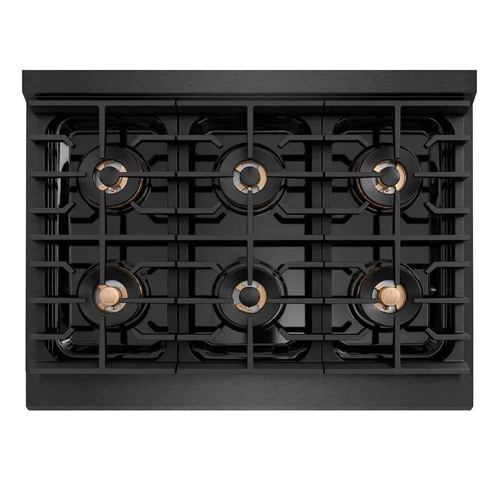 ZLINE Autograph Edition Paramount 36-inch range in black satin stainless steel and polished gold accents PSDRBSZ-36-G, from above