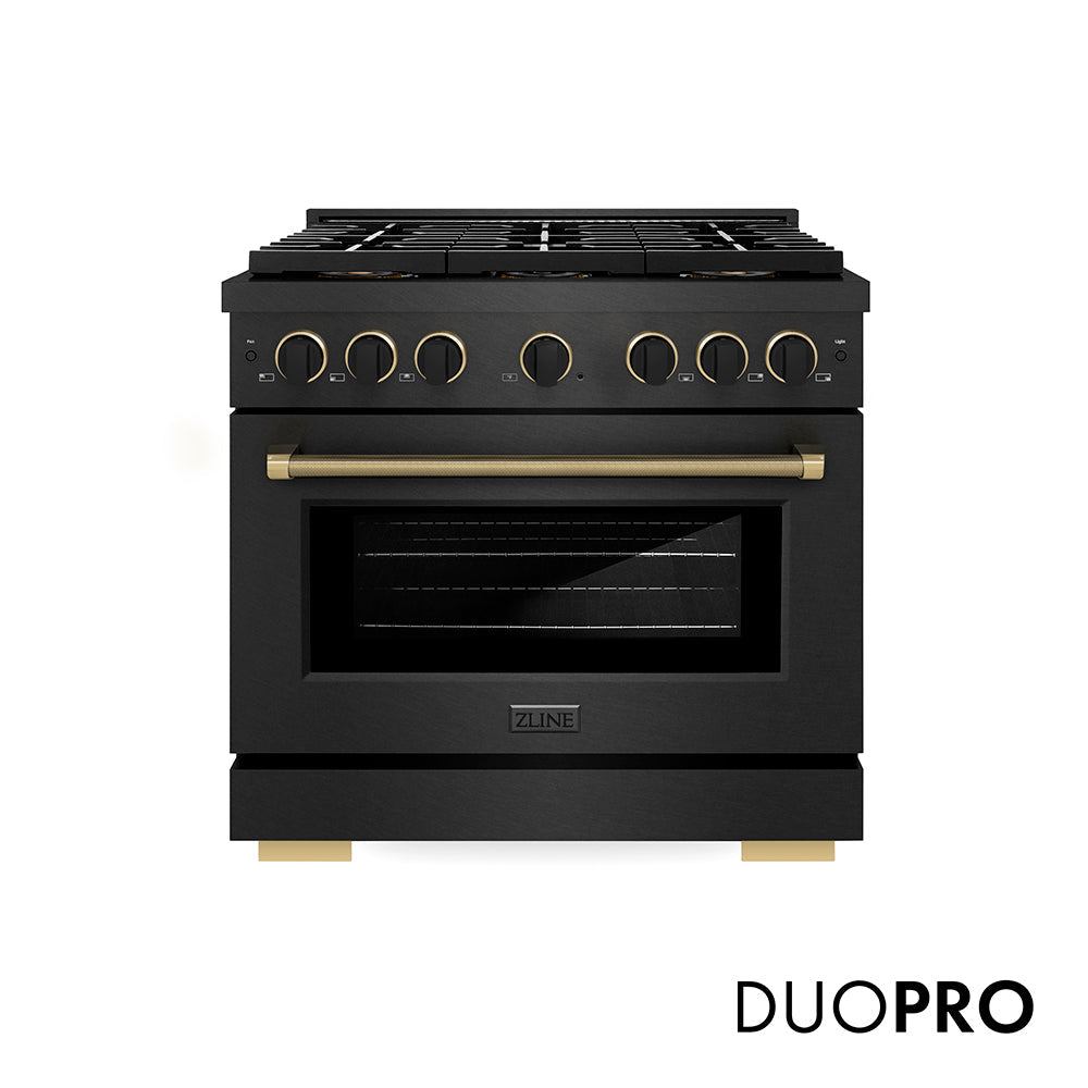 ZLINE Paramount 36-inch range in black satin stainless steel and matte black and champagne bronze accents PSDRBSZ-36-MBCB