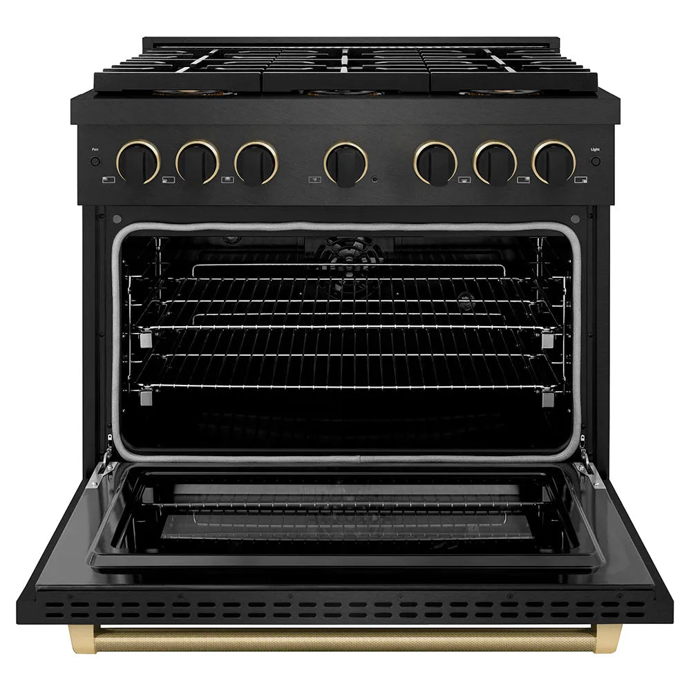 ZLINE Paramount 36-inch range in black satin stainless steel and matte black and champagne bronze accents PSDRBSZ-36-MBCB, front view