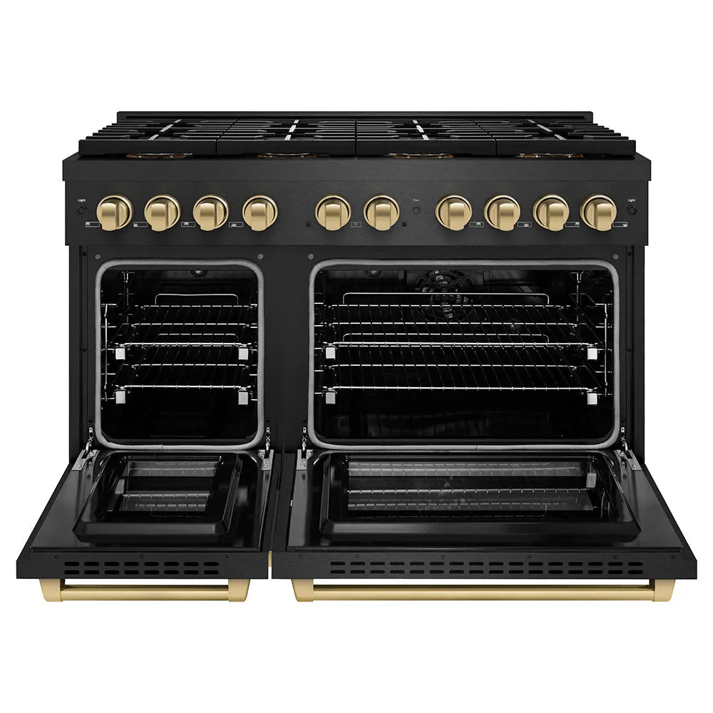 ZLINE Autograph Edition Paramount 48-inch range in black satin stainless steel and champagne bronze accents PSDRBSZ-48-CB, front view