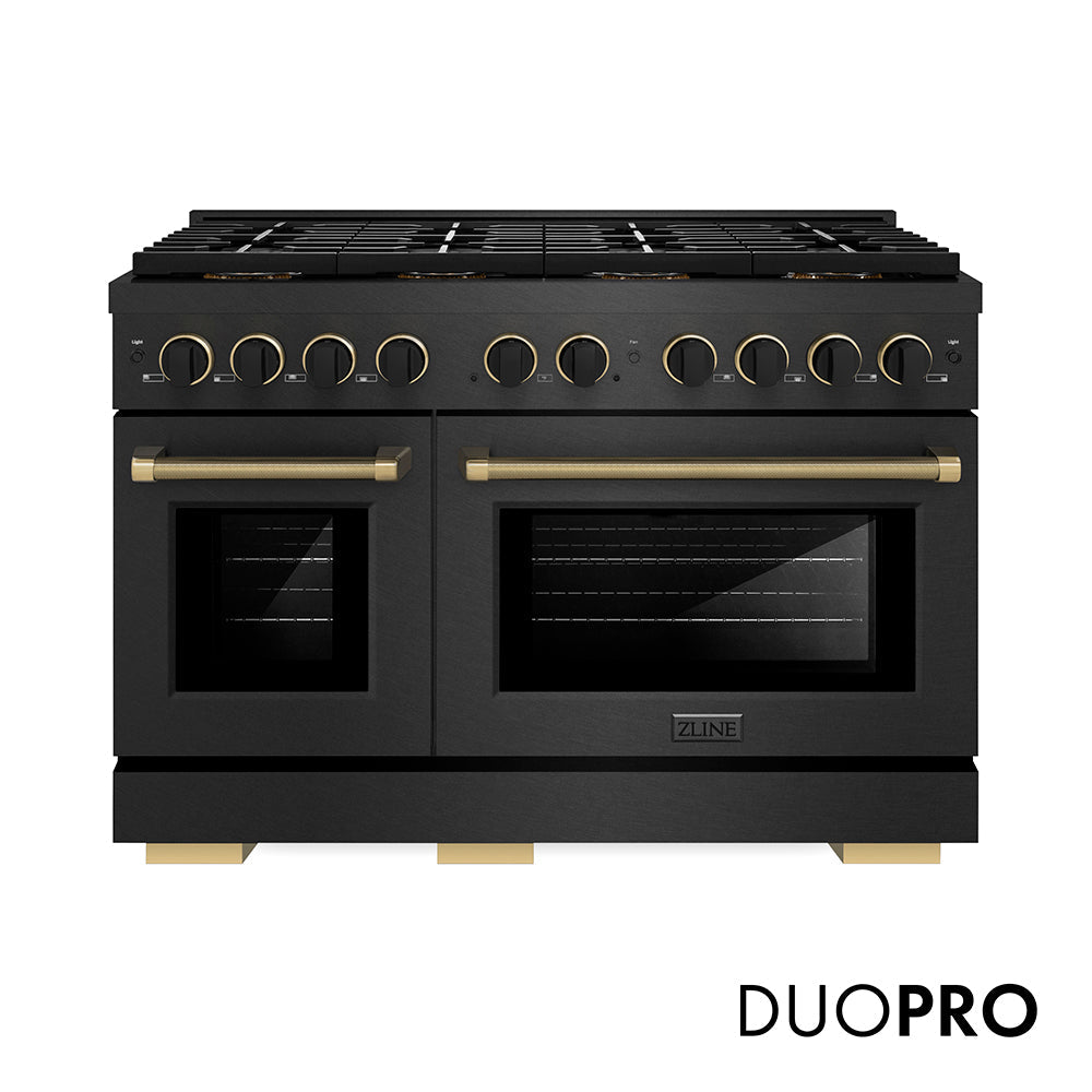 ZLINE Paramount 48-inch range in black satin stainless steel and matte black and champagne bronze accents PSDRBSZ-48-MBCB