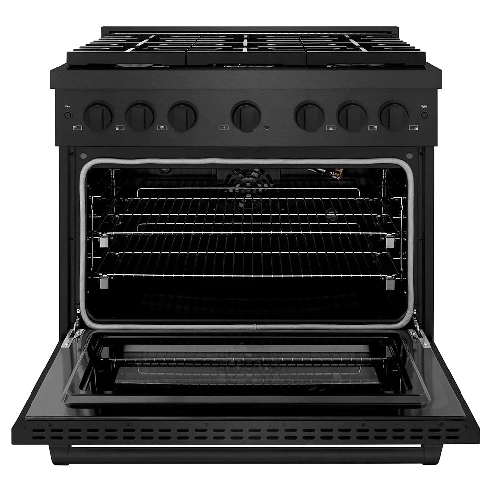 ZLINE Paramount 36-inch range in black satin stainless steel SGRBS-BR-36, front view