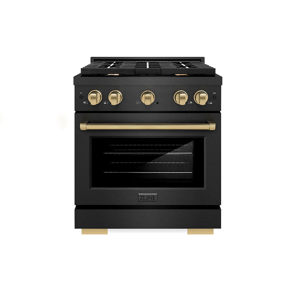 ZLINE Autograph Edition Paramount 30-inch range in black satin stainless steel and champagne bronze accents SGRBSZ-30-CB