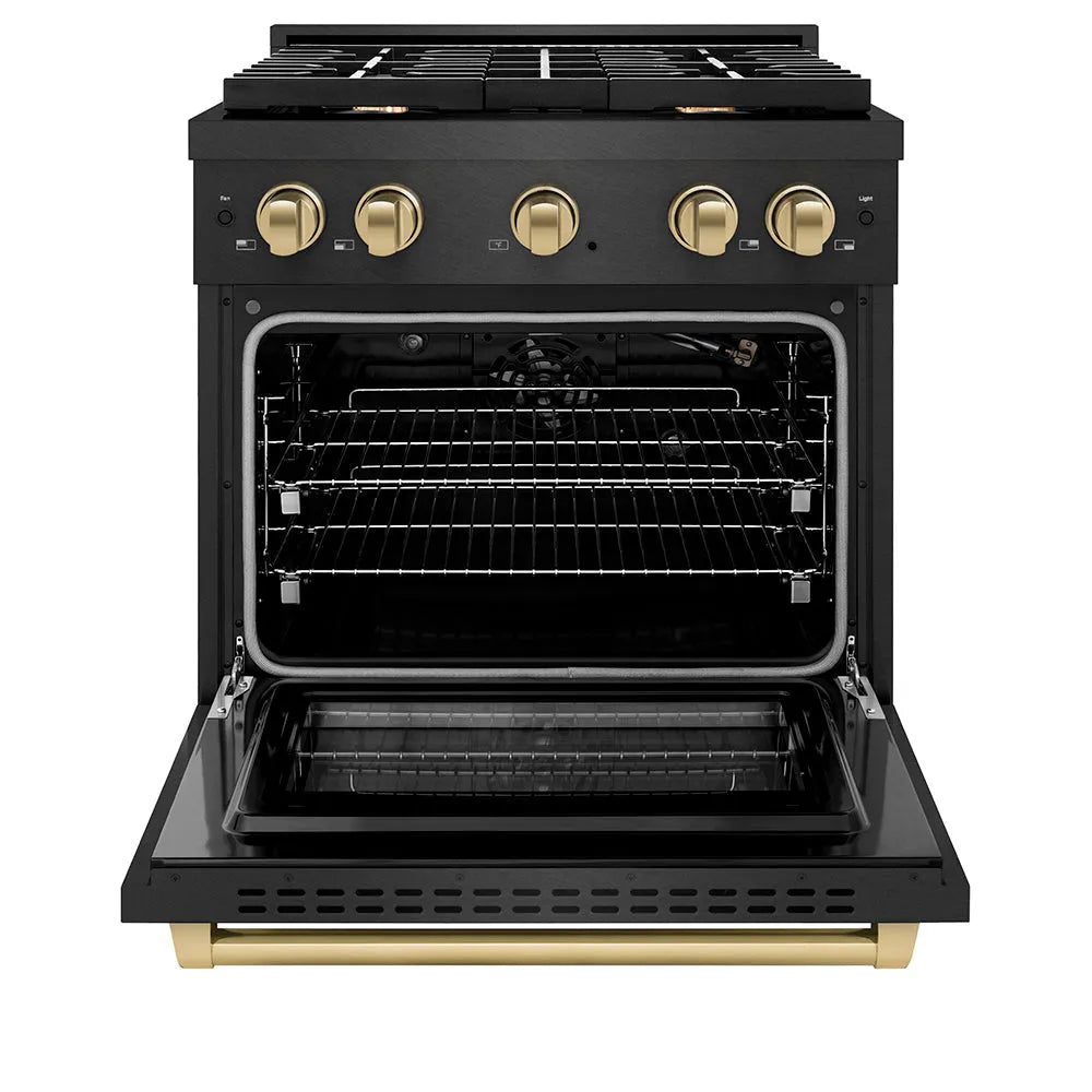 ZLINE Autograph Edition Paramount 30-inch range in black satin stainless steel and champagne bronze accents SGRBSZ-30-CB, front view