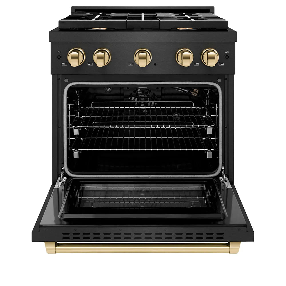 ZLINE Autograph Edition Paramount 30-inch range in black satin stainless steel and polished gold accents SGRBSZ-30-G, front view