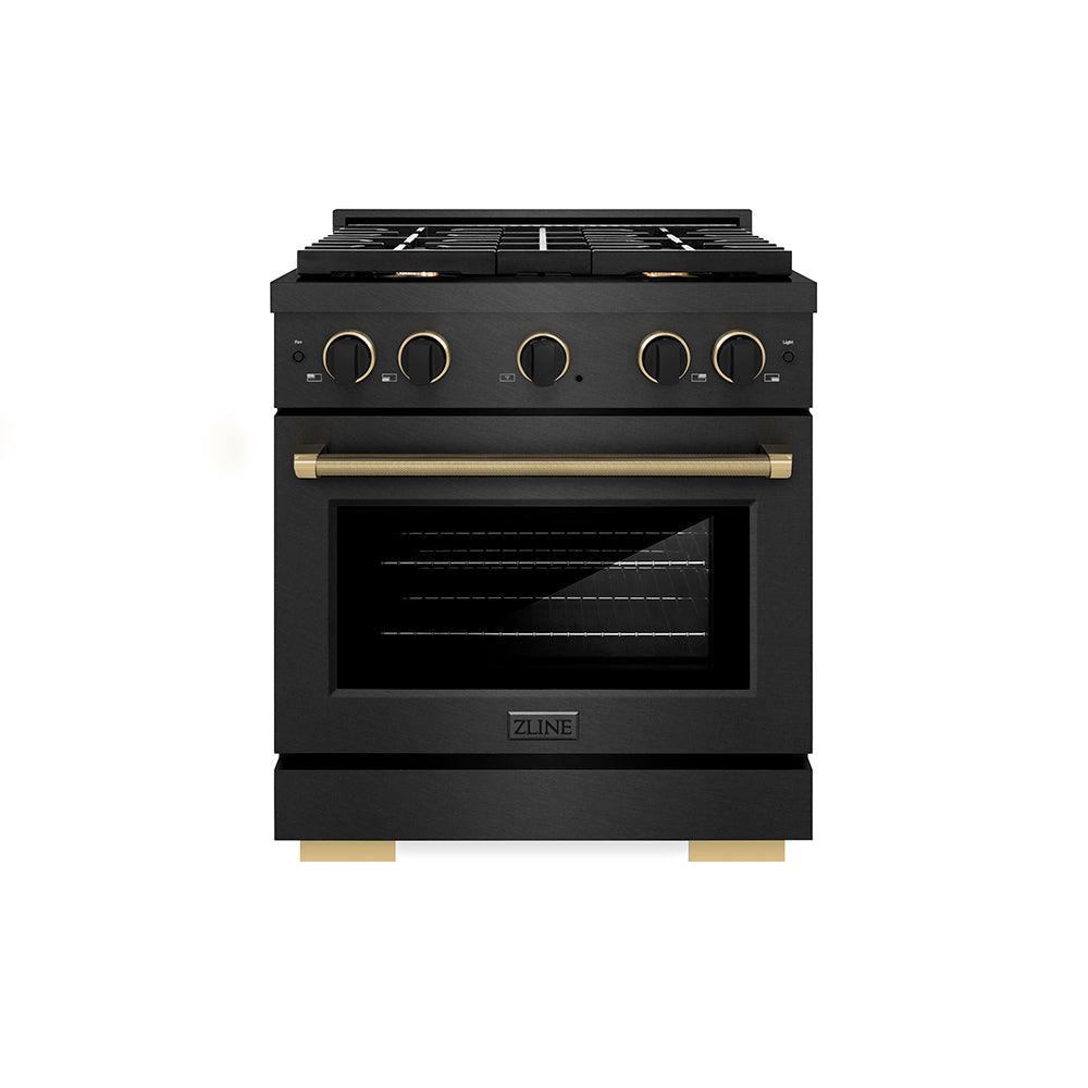ZLINE Paramount 30-inch range in black satin stainless steel and matte black and champagne bronze accents SGRBSZ-30-MBCB