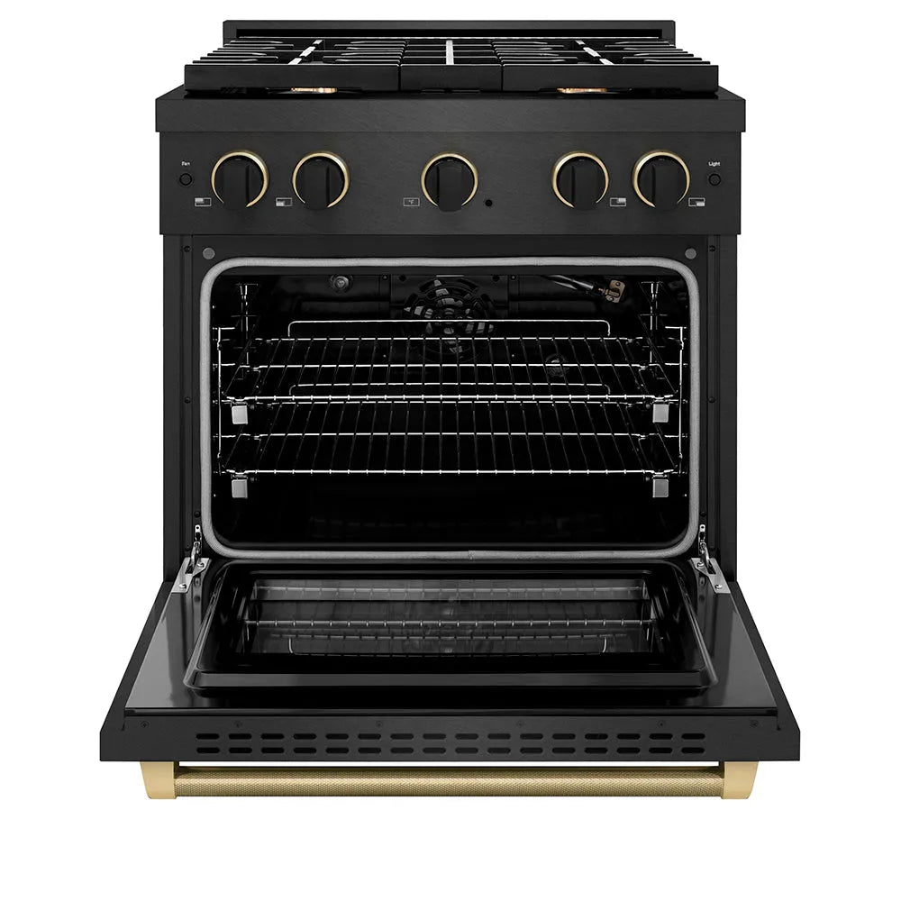 ZLINE Paramount 30-inch range in black satin stainless steel and matte black and champagne bronze accents SGRBSZ-30-MBCB, front view