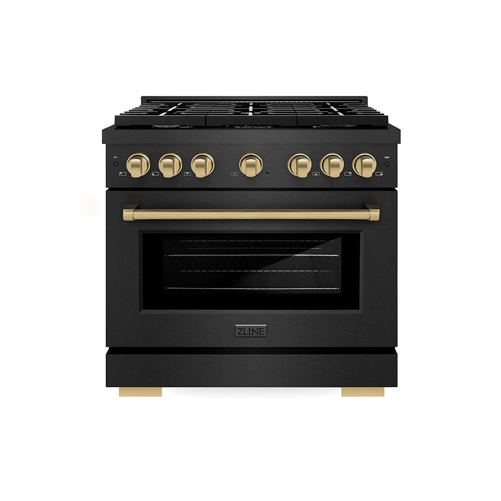ZLINE Autograph Edition Paramount 36-inch range in black satin stainless steel and champagne bronze accents SGRBSZ-36-CB