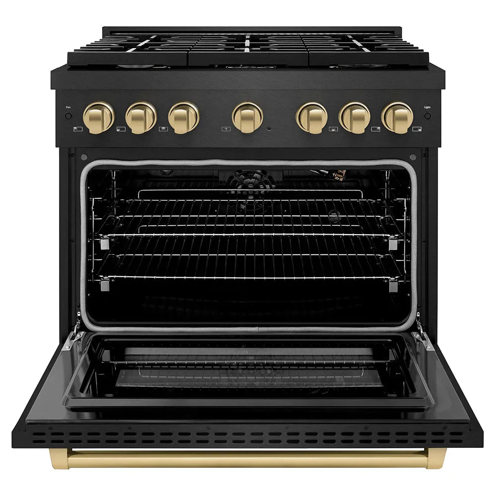 ZLINE Autograph Edition Paramount 36-inch range in black satin stainless steel and champagne bronze accents SGRBSZ-36-CB, front view