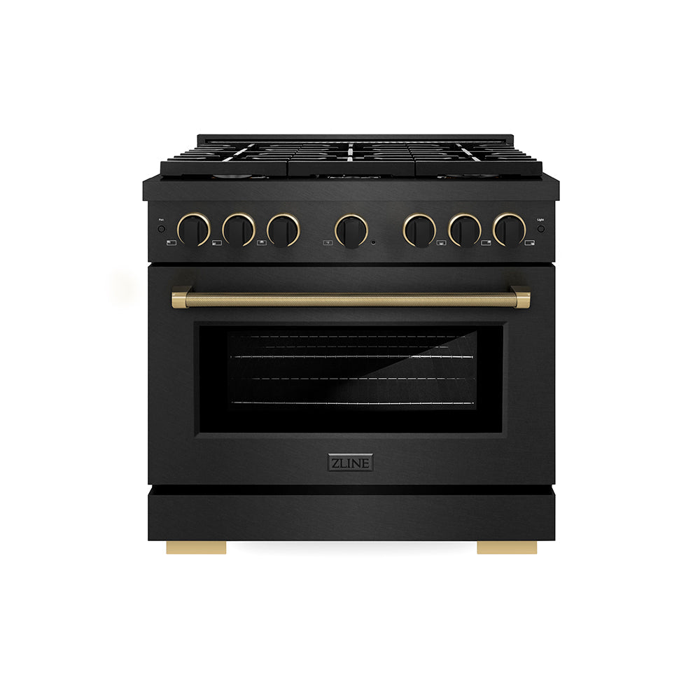 ZLINE Paramount 36-inch range in black satin stainless steel and matte black and champagne bronze accents SGRBSZ-36-MBCB