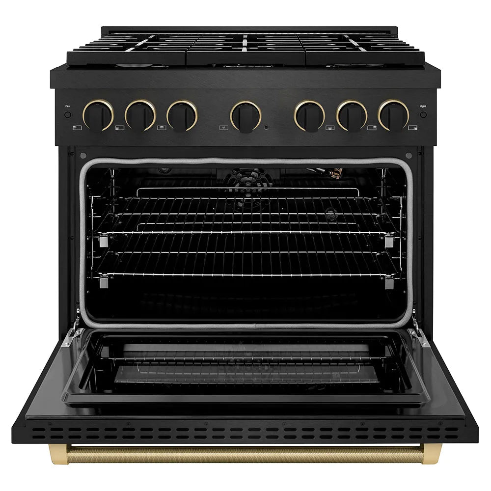 ZLINE Paramount 36-inch range in black satin stainless steel and matte black and champagne bronze accents SGRBSZ-36-MBCB, front view