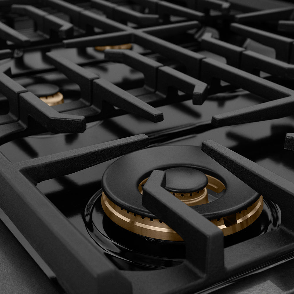 ZLINE Autograph Edition Paramount 48-inch range in black satin stainless steel and champagne bronze accents SGRBSZ-48-CB, detail