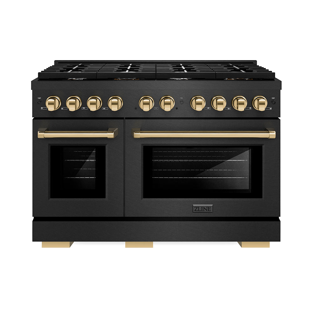 ZLINE Autograph Edition Paramount 48-inch range in black satin stainless steel and polished gold accents SGRBSZ-48-G