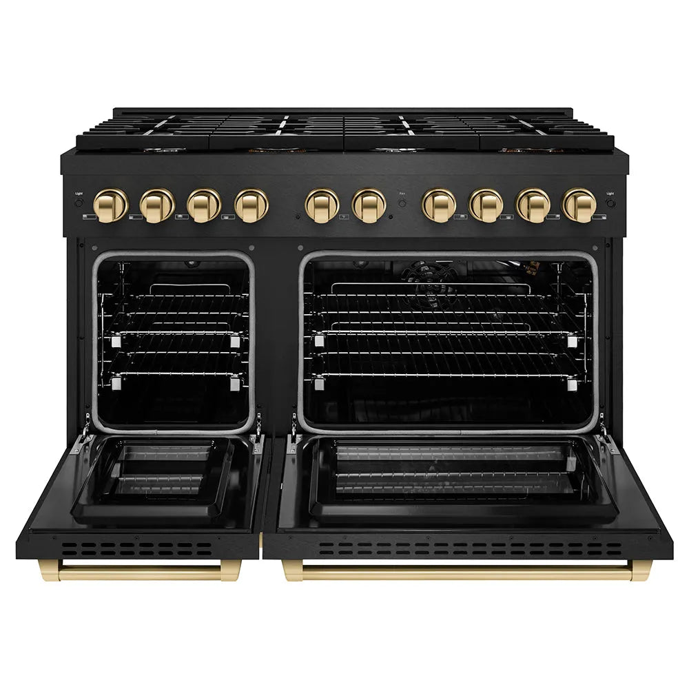 ZLINE Autograph Edition Paramount 48-inch range in black satin stainless steel and polished gold accents SGRBSZ-48-G, front view