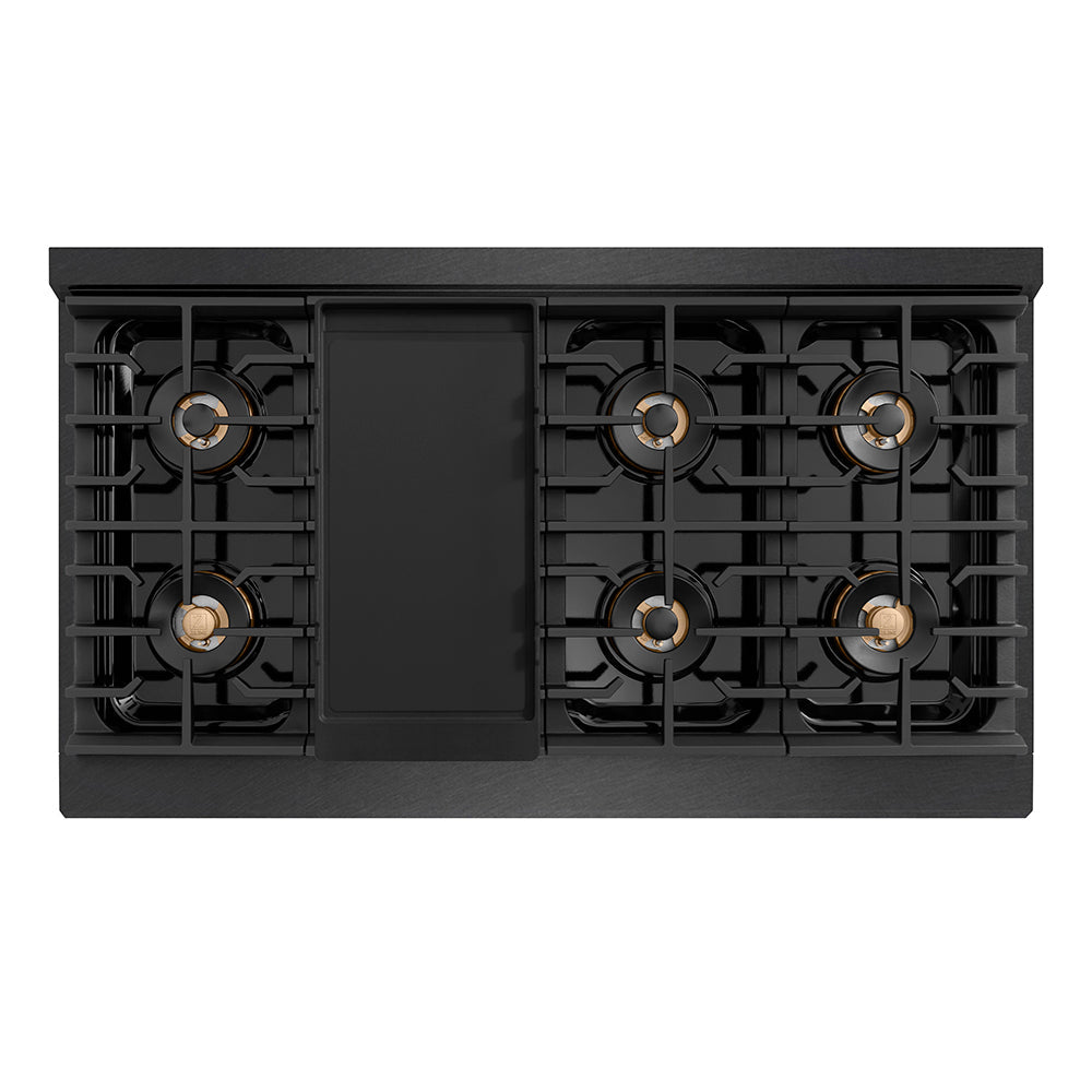 ZLINE Paramount 48-inch range in black satin stainless steel and matte black and champagne bronze accents PSGRBSZ-48-MBCB, from above