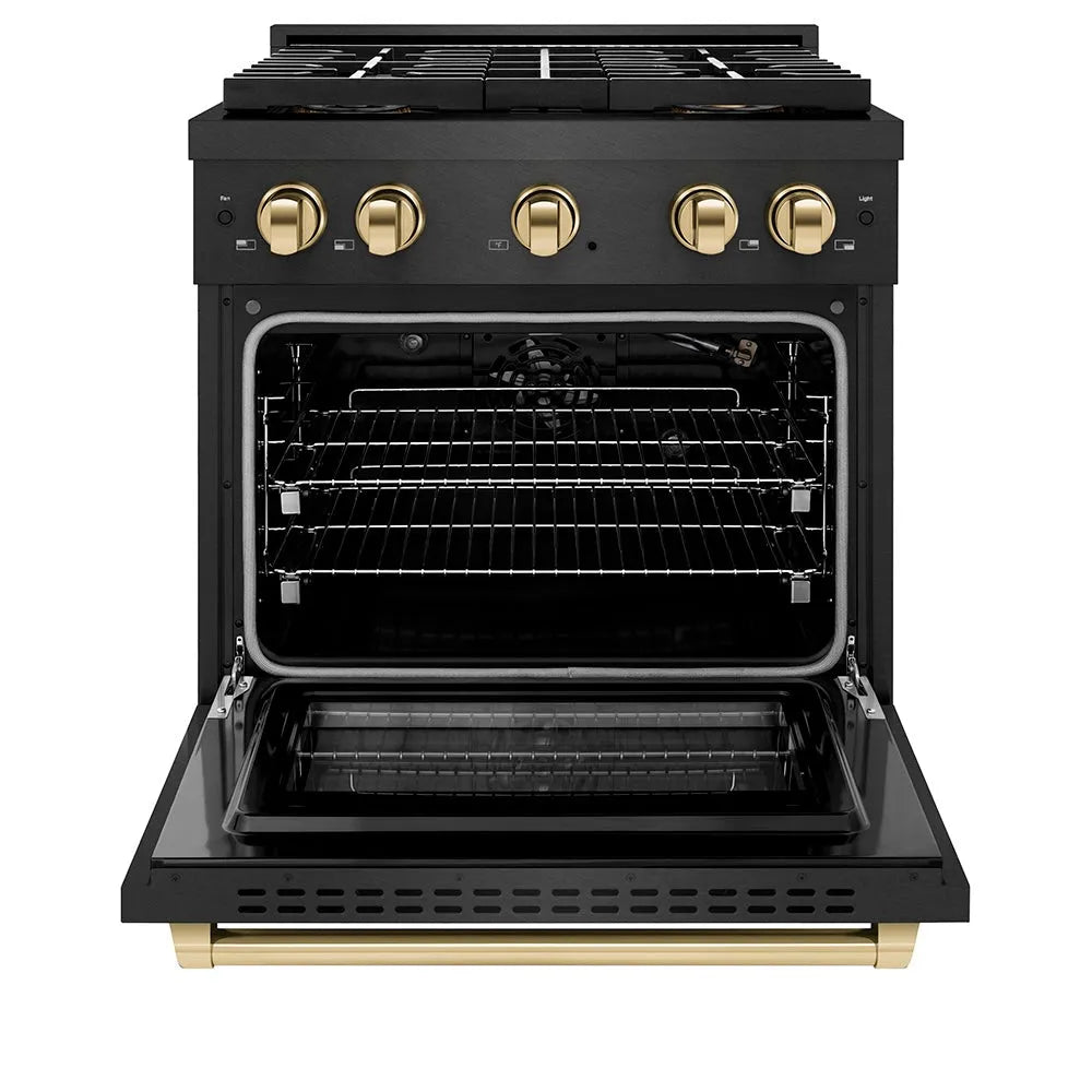 ZLINE Autograph Edition Paramount 30-inch range in black satin stainless steel and polished gold accents PSGRBSZ-30-G, front view