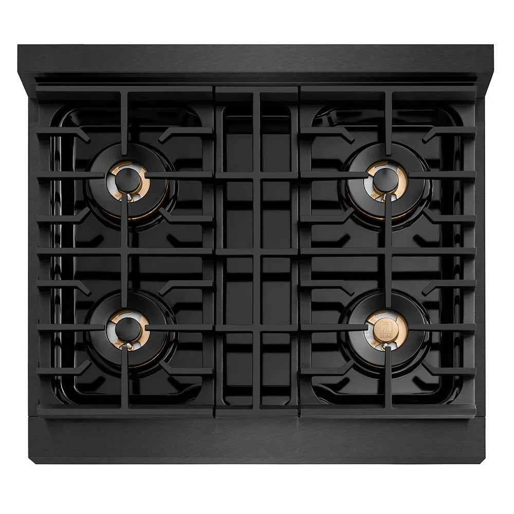 ZLINE Autograph Edition Paramount 30-inch range in black satin stainless steel and polished gold accents PSGRBSZ-30-G, from above