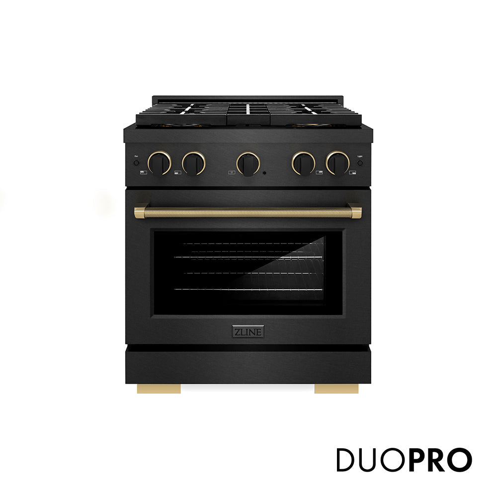 ZLINE Paramount 30-inch range in black satin stainless steel and matte black and champagne bronze accents PSGRBSZ-30-MBCB