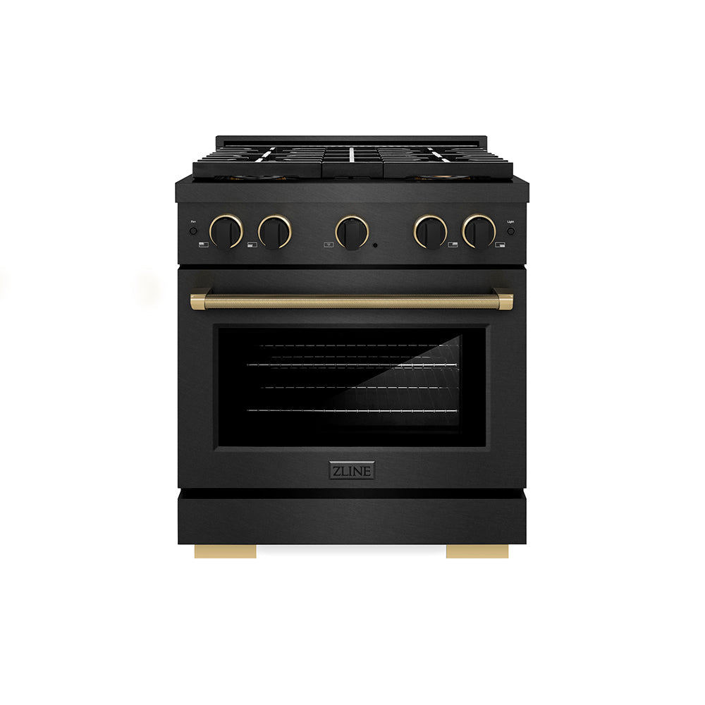 ZLINE Paramount 30-inch range in black satin stainless steel and matte black and champagne bronze accents PSGRBSZ-30-MBCB, front view