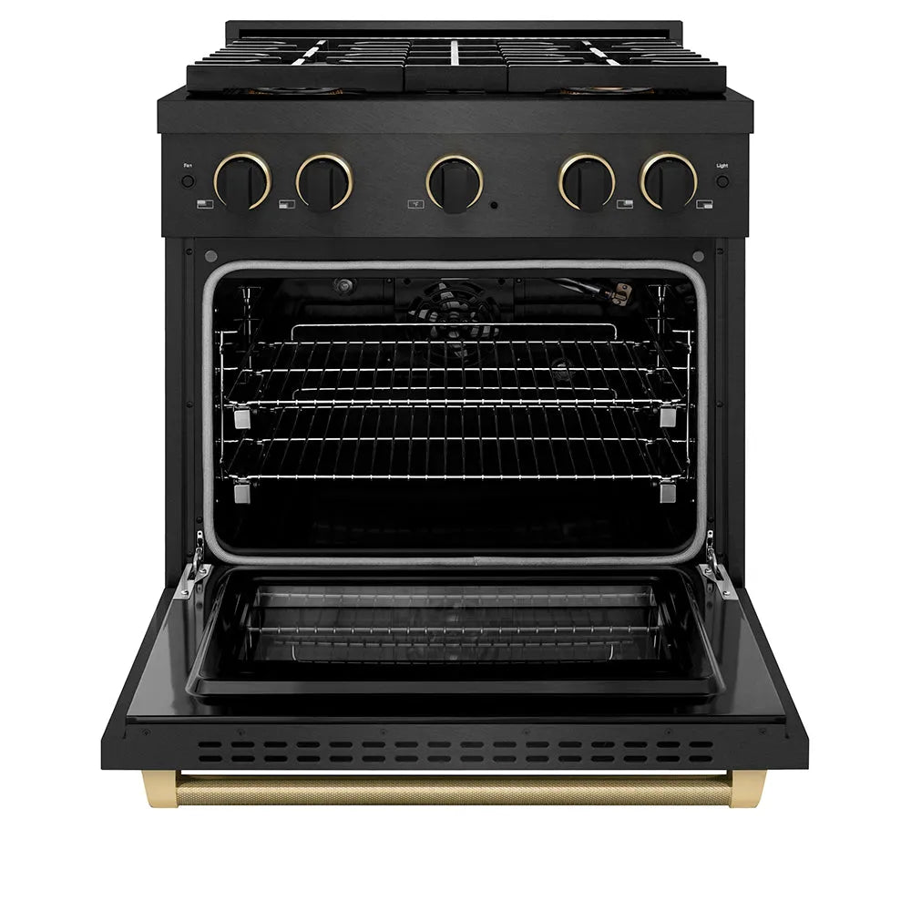 ZLINE Paramount 30-inch range in black satin stainless steel and matte black and champagne bronze accents PSGRBSZ-30-MBCB, front view