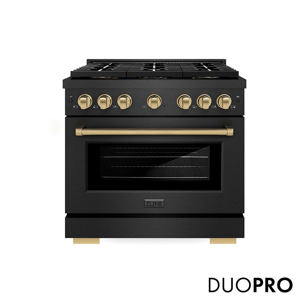 ZLINE Autograph Edition Paramount 36-inch range in black satin stainless steel and champagne bronze accents PSGRBSZ-36-CB