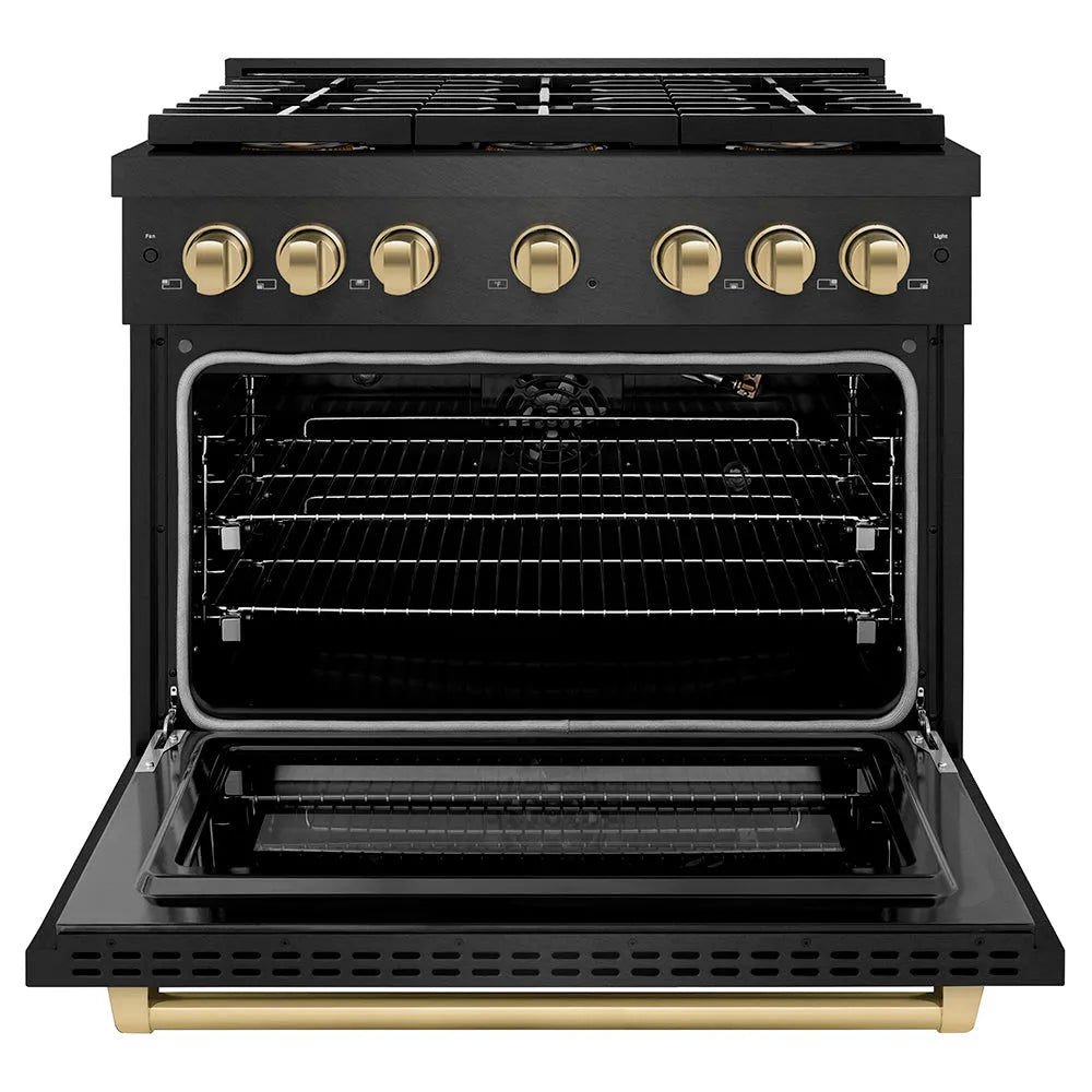 ZLINE Autograph Edition Paramount 36-inch range in black satin stainless steel and champagne bronze accents PSGRBSZ-36-CB, front view