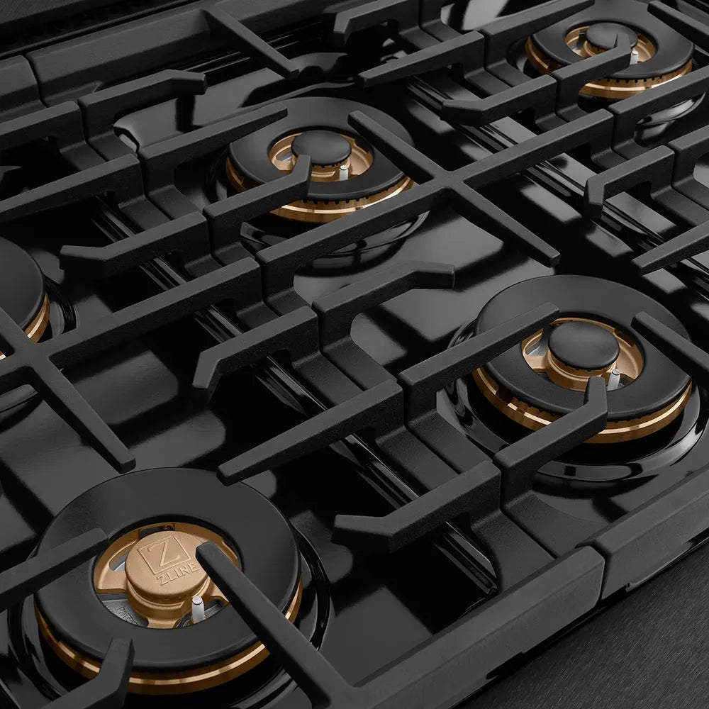 ZLINE Autograph Edition Paramount 36-inch range in black satin stainless steel and polished gold accents PSGRBSZ-36-G, from above