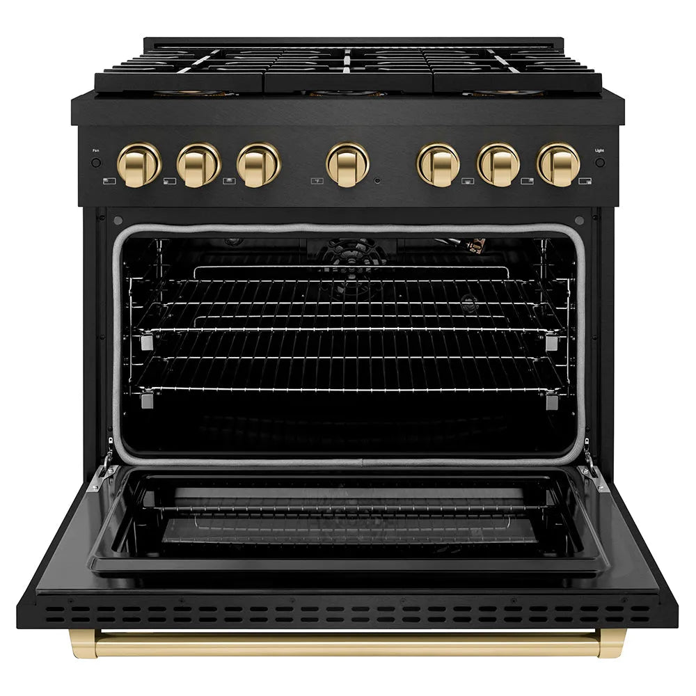 ZLINE Autograph Edition Paramount 36-inch range in black satin stainless steel and polished gold accents PSGRBSZ-36-G, front view