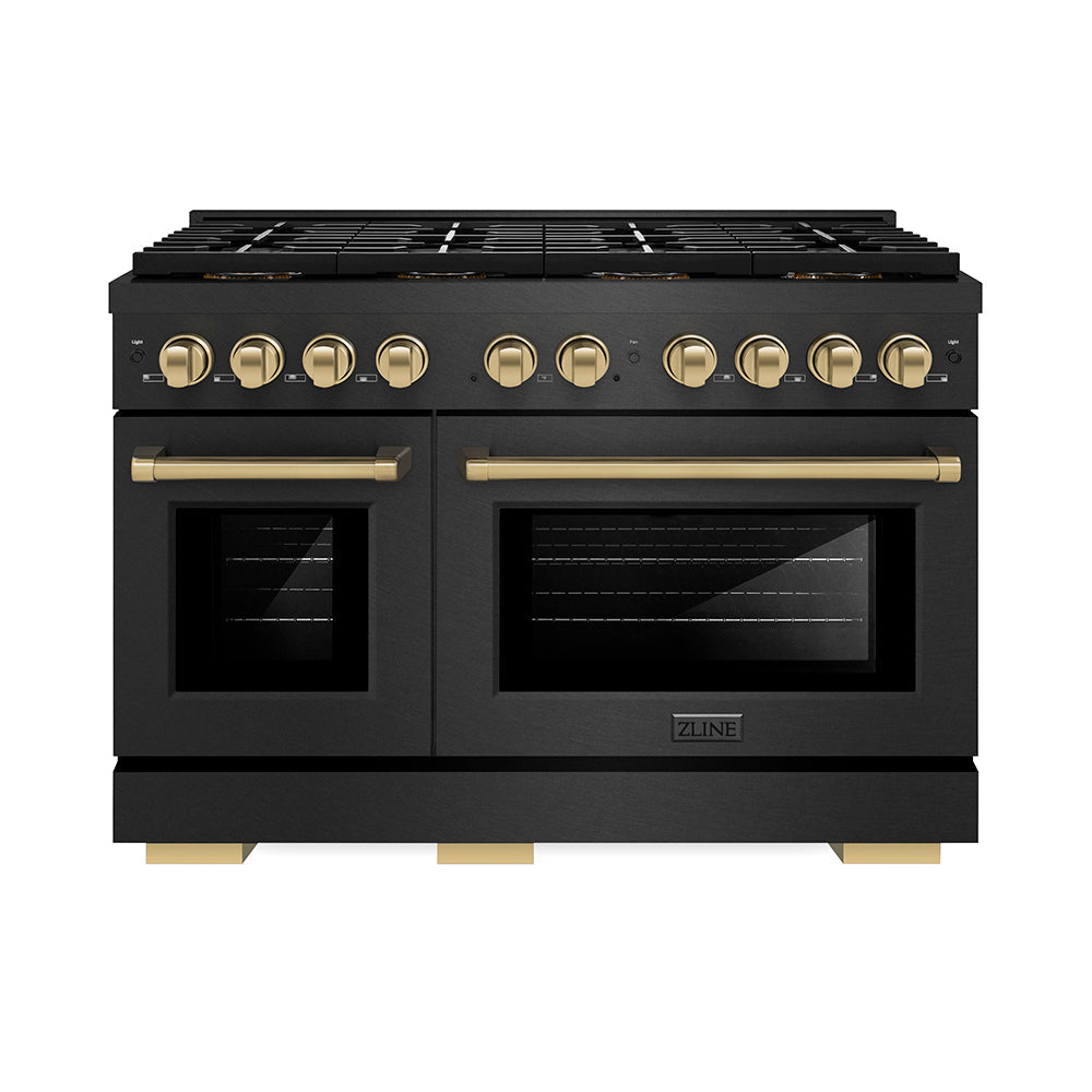 ZLINE Autograph Edition Paramount 48-inch range in black satin stainless steel and champagne bronze accents PSGRBSZ-48-CB, front view