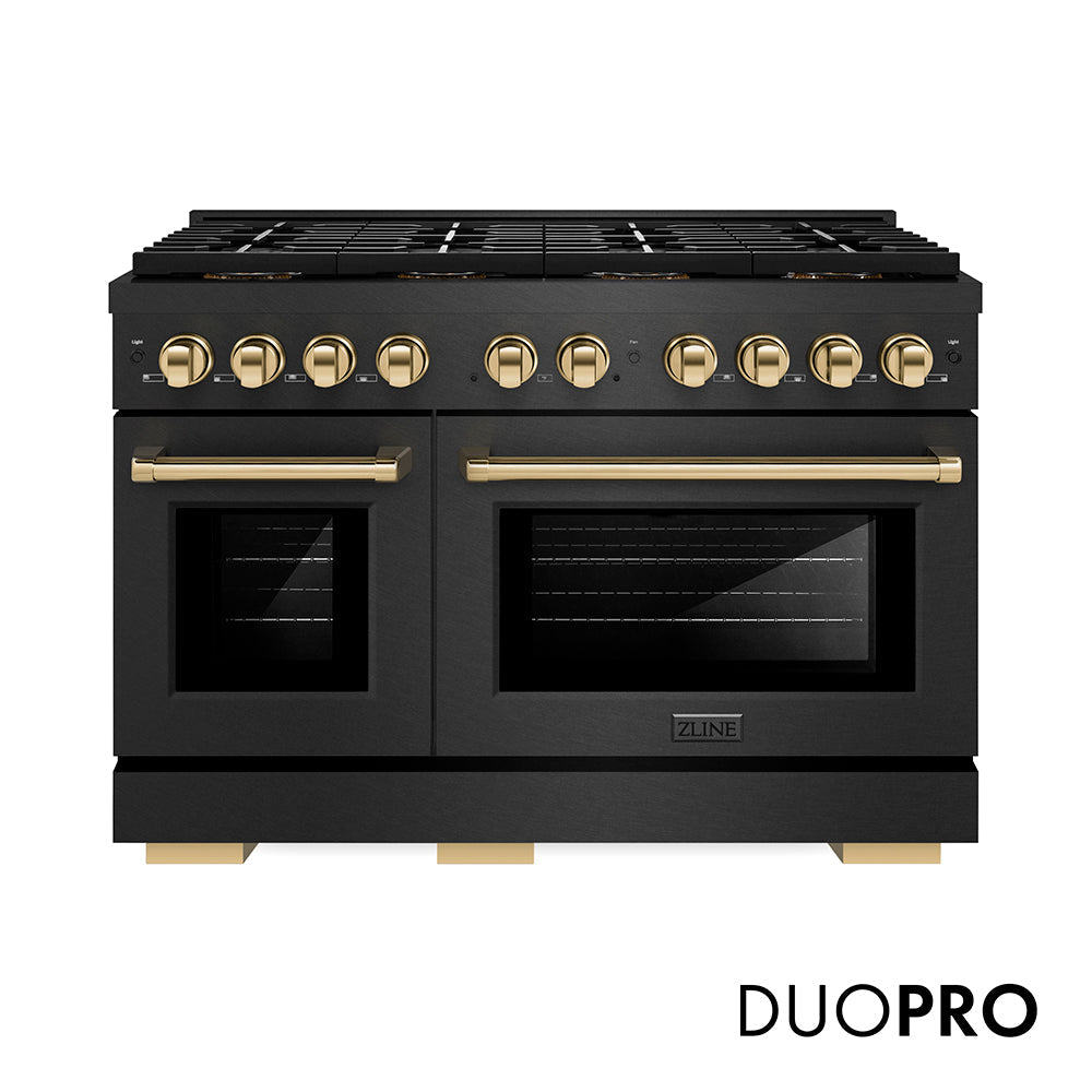ZLINE Autograph Edition Paramount 48-inch range in black satin stainless steel and polished gold accents PSGRBSZ-48-G