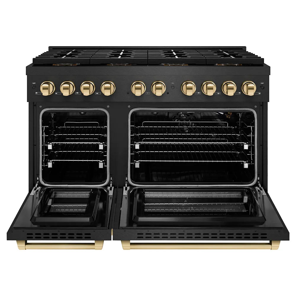ZLINE Autograph Edition Paramount 48-inch range in black satin stainless steel and polished gold accents PSGRBSZ-48-G, front view