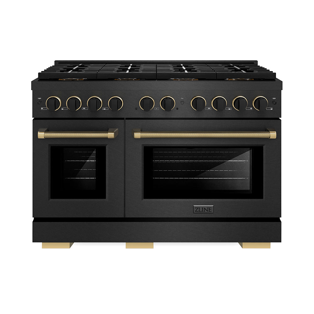 ZLINE Paramount 48-inch range in black satin stainless steel and matte black and champagne bronze accents PSGRBSZ-48-MBCB, front view
