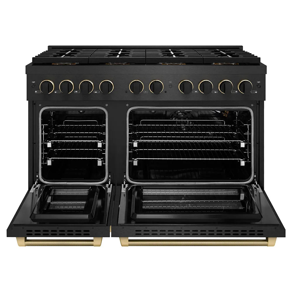 ZLINE Paramount 48-inch range in black satin stainless steel and matte black and champagne bronze accents PSGRBSZ-48-MBCB, front view