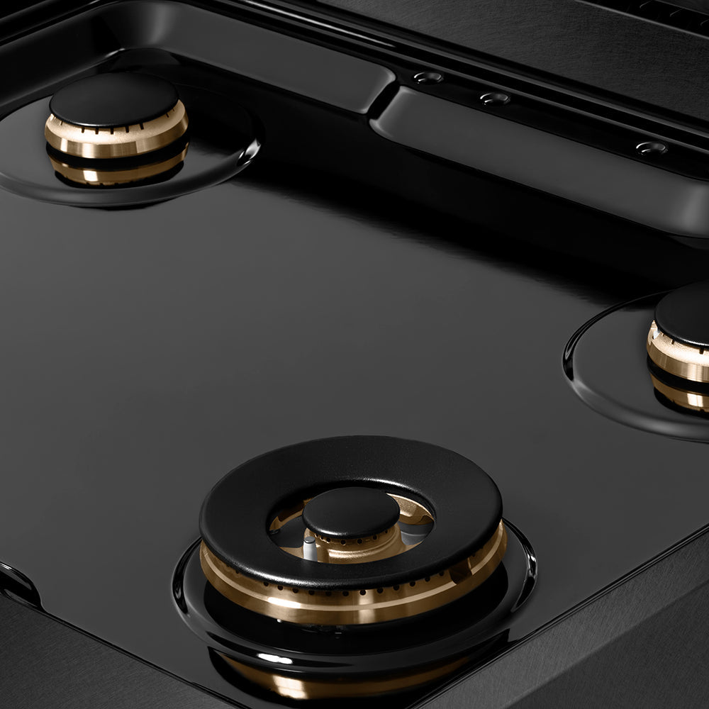 ZLINE Autograph Edition Paramount 30-inch rangetop in black satin stainless steel and polished gold accents SRTBSZ-30-G, from above