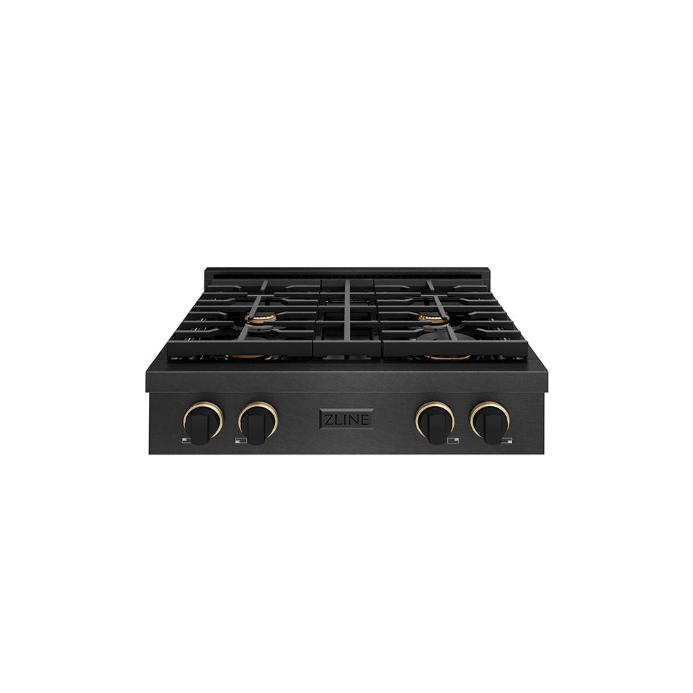 ZLINE Paramount 30-inch rangetop in black satin stainless steel and matte black and champagne bronze accents SRTBSZ-30-MBCB