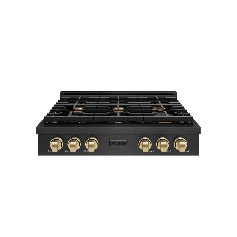 ZLINE Autograph Edition Paramount 36-inch rangetop in black satin stainless steel and champagne bronze accents SRTBSZ-36-CB