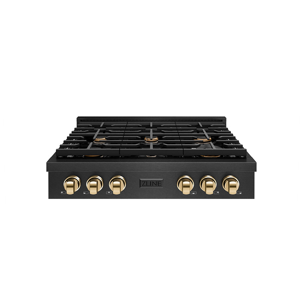 ZLINE Autograph Edition Paramount 36-inch rangetop in black satin stainless steel and polished gold accents SRTBSZ-36-G