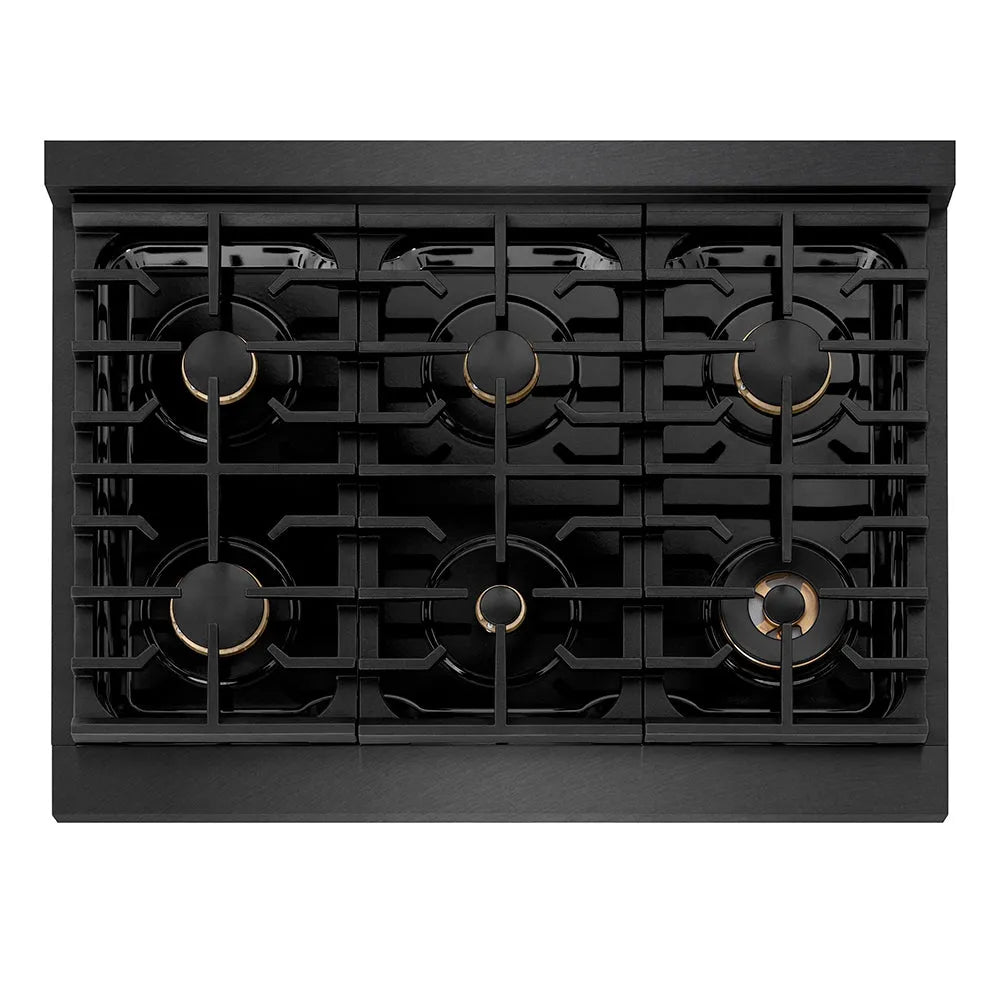 ZLINE Autograph Edition Paramount 36-inch rangetop in black satin stainless steel and polished gold accents SRTBSZ-36-G, from above