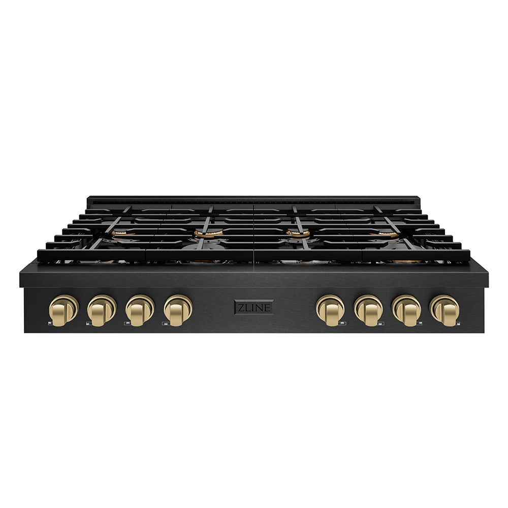 ZLINE Autograph Edition Paramount 48-inch rangetop in black satin stainless steel and champagne bronze accents SRTBSZ-48-CB