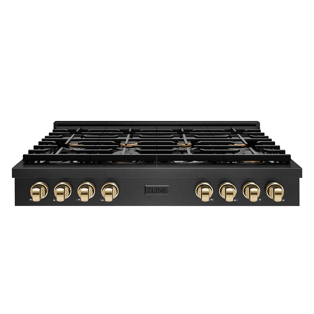 ZLINE Autograph Edition Paramount 48-inch rangetop in black satin stainless steel and polished gold accents SRTBSZ-48-G