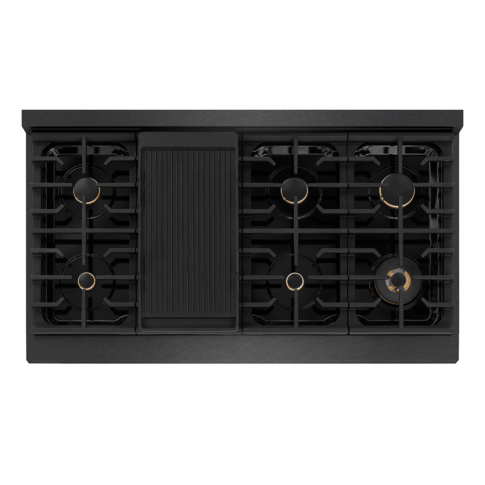 ZLINE Autograph Edition Paramount 48-inch rangetop in black satin stainless steel and polished gold accents SRTBSZ-48-G, from above