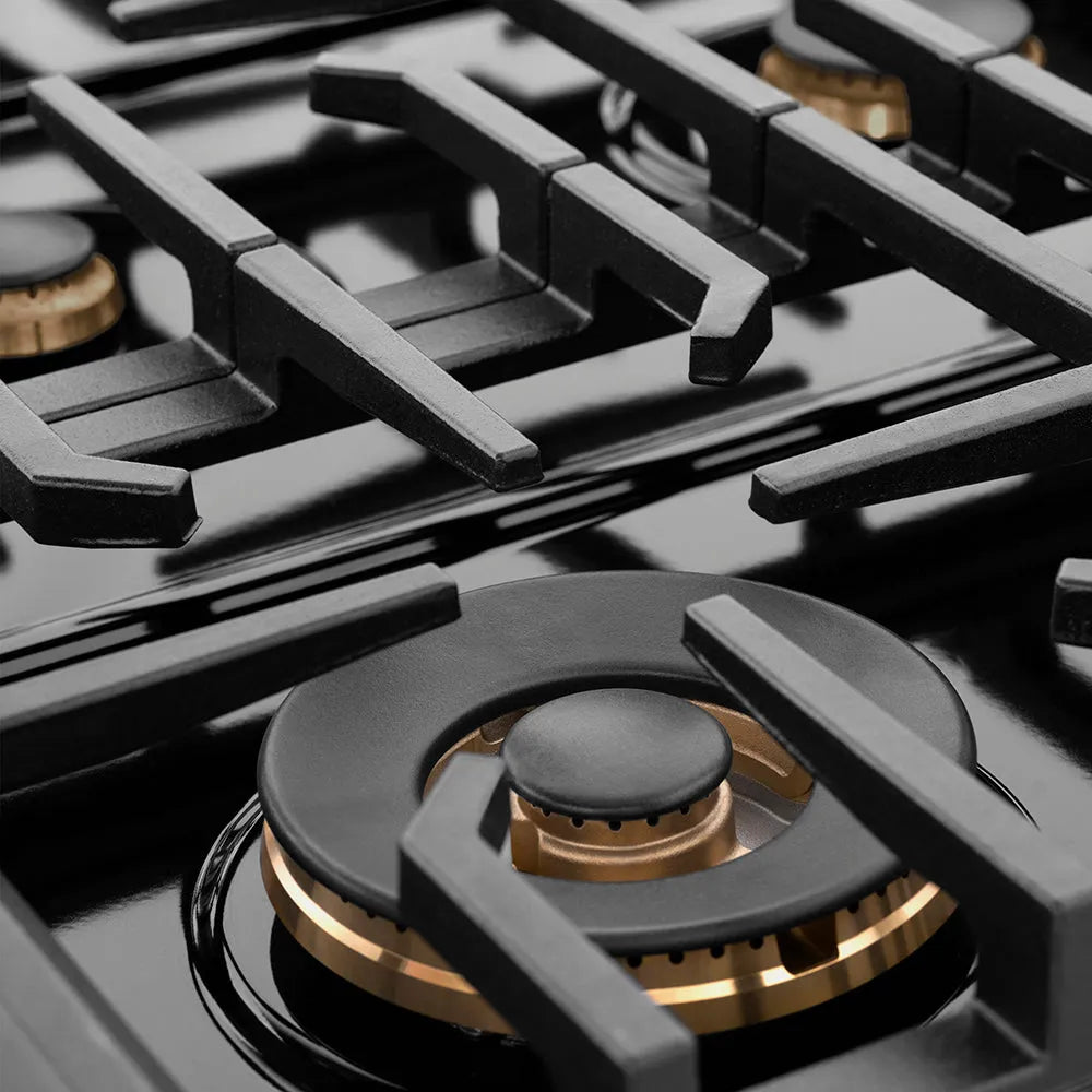 ZLINE Paramount 48-inch rangetop in black satin stainless steel and matte black and champagne bronze accents SRTBSZ-48-MBCB, from above
