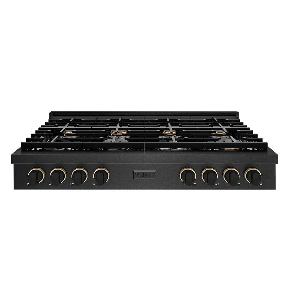 ZLINE Paramount 48-inch rangetop in black satin stainless steel and matte black and champagne bronze accents SRTBSZ-48-MBCB