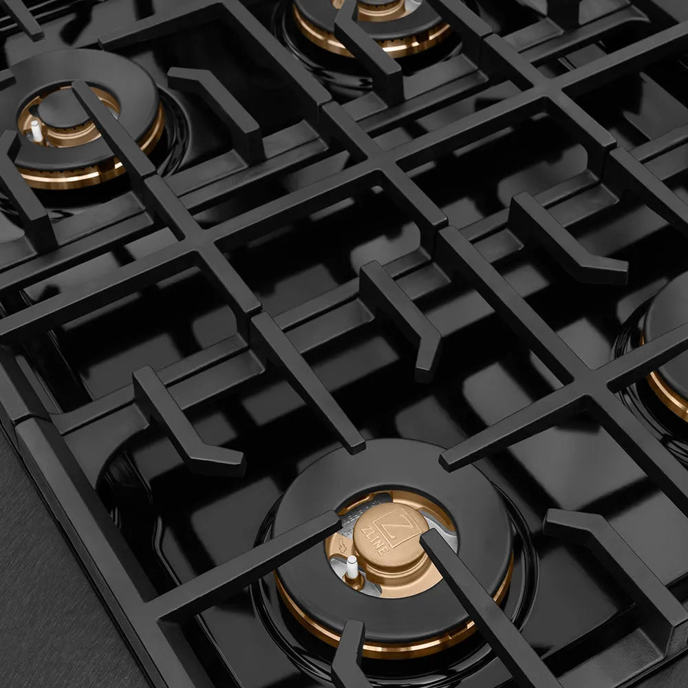 ZLINE Autograph Edition Paramount 30-inch rangetop in black satin stainless steel and champagne bronze accents PSRTBSZ-30-CB, from above